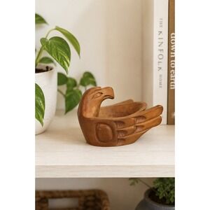 Vintage Hand Carved Cedar Eagle Bowl Northwest Coast Style Wood Folk Art Decor